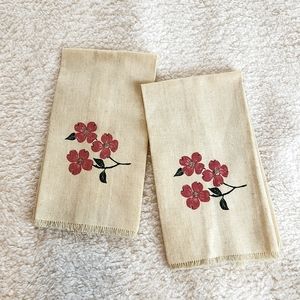 VINTAGE 2 floral tea towels beige w painted pink & black flowers. Cottagecore!